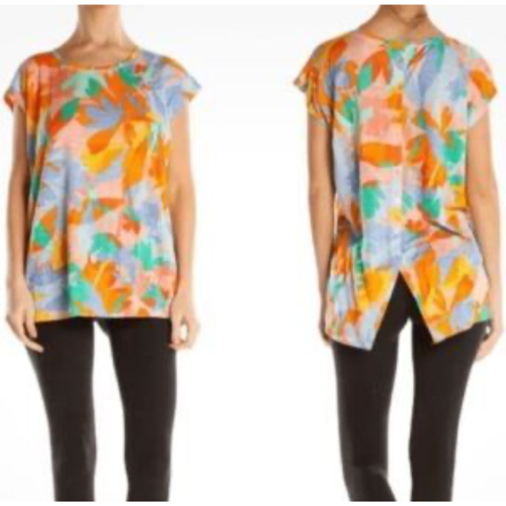 Joie Pullover Top Women’s M 100% Linen Slub Knit Multicolor Floral Button Back